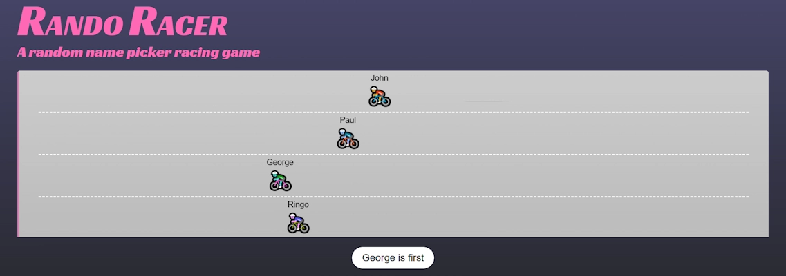 Rando Racer screenshot showing a track with 4 lanes, bikes in each and racers called John, Paul, George and Ringo